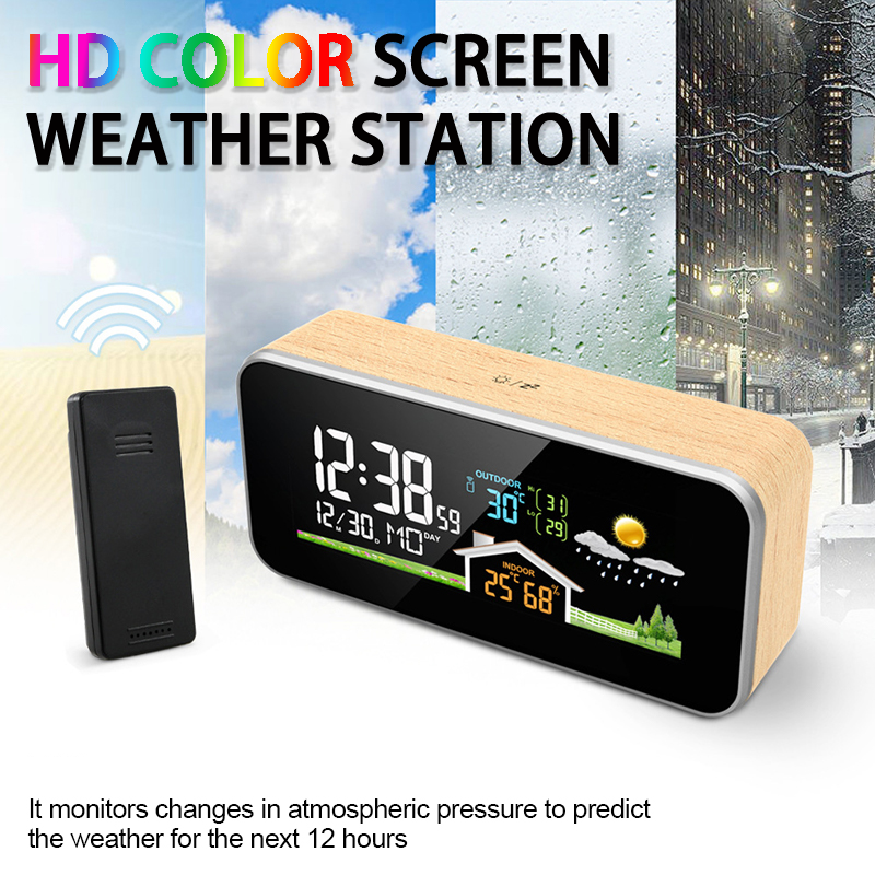 Kỹ thuật số bằng gỗ trạm thời tiết đồng hồ báo thức nhiệt độ độ ẩm bảng đồng hồ đồng hồ có thể điều chỉnh độ sáng thời gian ngày lịch trong nhà ngoài trời