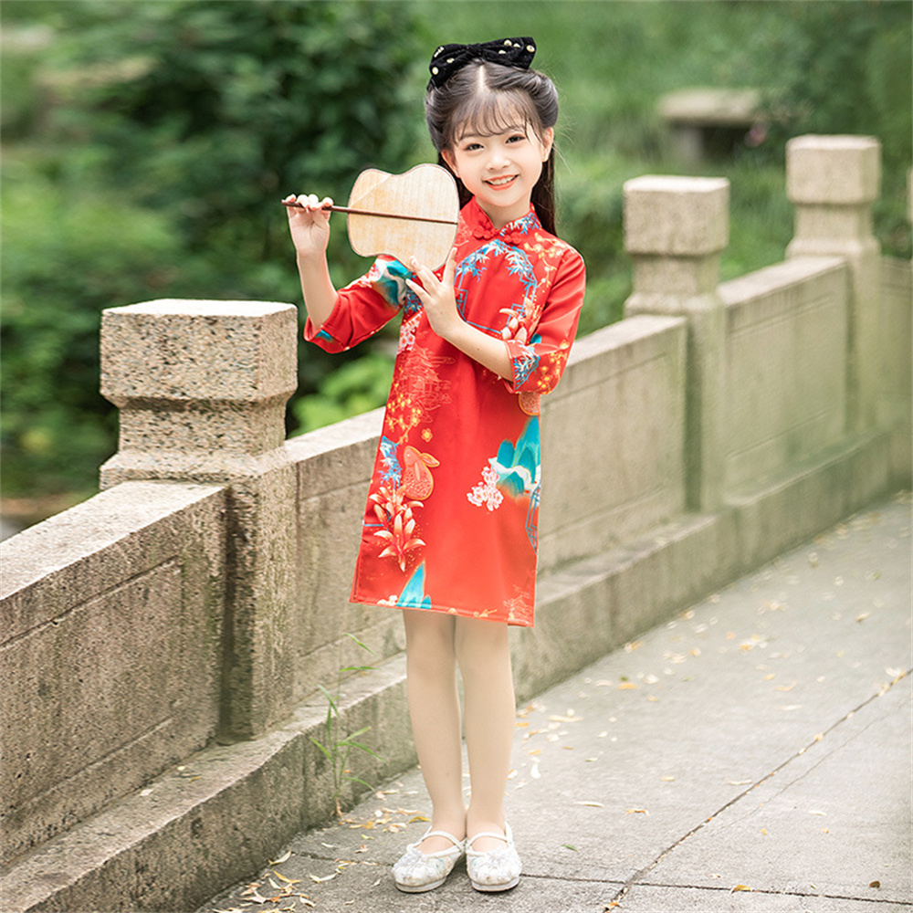 AISAMEFE Chinese Girls Antique Cheongsam Dress Medium Sleeve Red Plum Chinese Dress New Fashion Cheongsam In Autumn 2022 CNY ราคา 485 บาท*ส่งฟรี