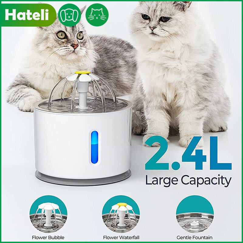 HATELI 2.4L Cat Water Fountain Stainless Steel Ultra Quiet Dog Fountain Pet Cat Water Dispenser with LED Night Vision for Cats Dogs ราคา 666 บาท*ส่งฟรี