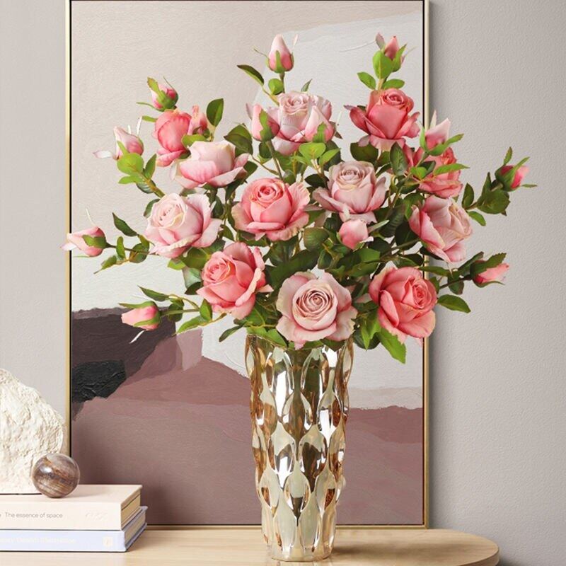 Fake rose flower artificial flower decoration bouquet living room high-end decoration vase flower arrangement desktop small ornaments plastic flowers