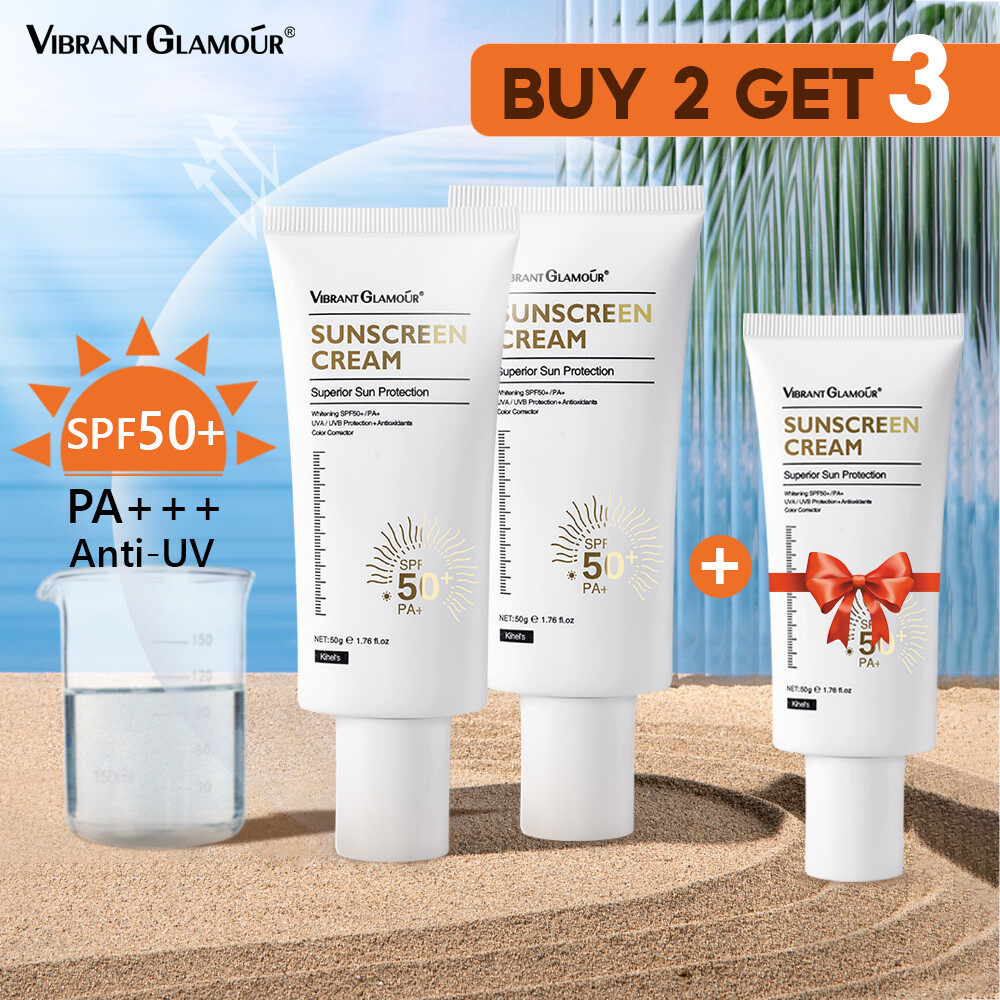Gambar VIBRANT GLAMOUR [ BUY 2 GET 3 ] Whitening Sunscreen Cream Sunblock for Face and Body SPF50+ UVA UVB Skin Protect Anti aging Brightening Fade Dark Spots Moisturizing Repair Skin Care 50g