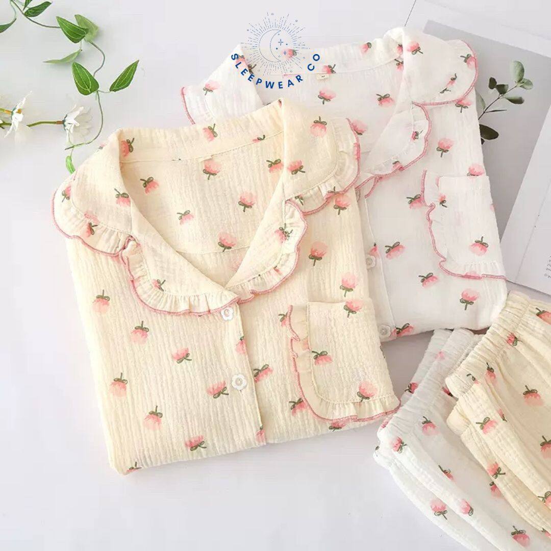Sleepwear Co 100% Cotton Pyjamas Woman Pajamas Women Set Short Sleeve Floral Baju Tidur Wanita Cotton Piyama Tidur Wanita Lengan Pendek 睡衣裤套装女
