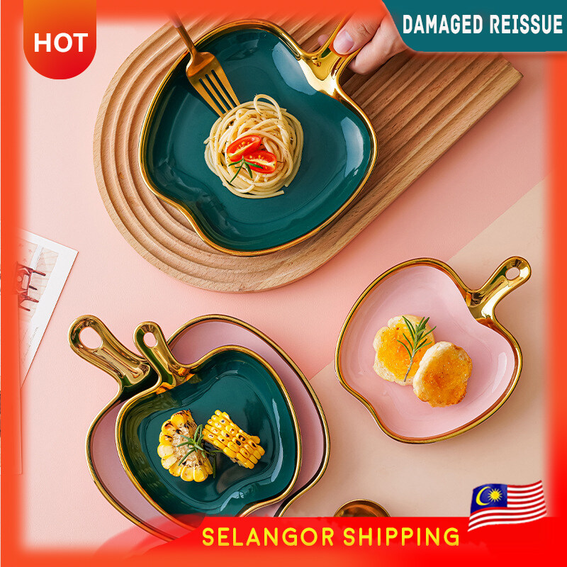 Gambar ??Local Delivery??Tea Art Plate Nordic Ceramic Ins Dinner Plate Household Gold Edge Tableware Set Steak Plate Western Plate Flat Apple Shape Plate