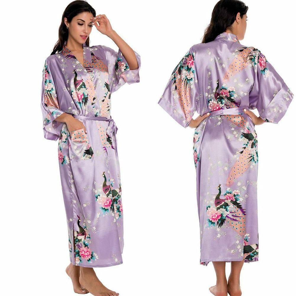 LILYandGIRL Áo Choàng Áo Choàng Áo Choàng Tắm Kimono Con Công Satin Đồ Ngủ Áo Choàng Ngủ Quần Áo Ngủ 3