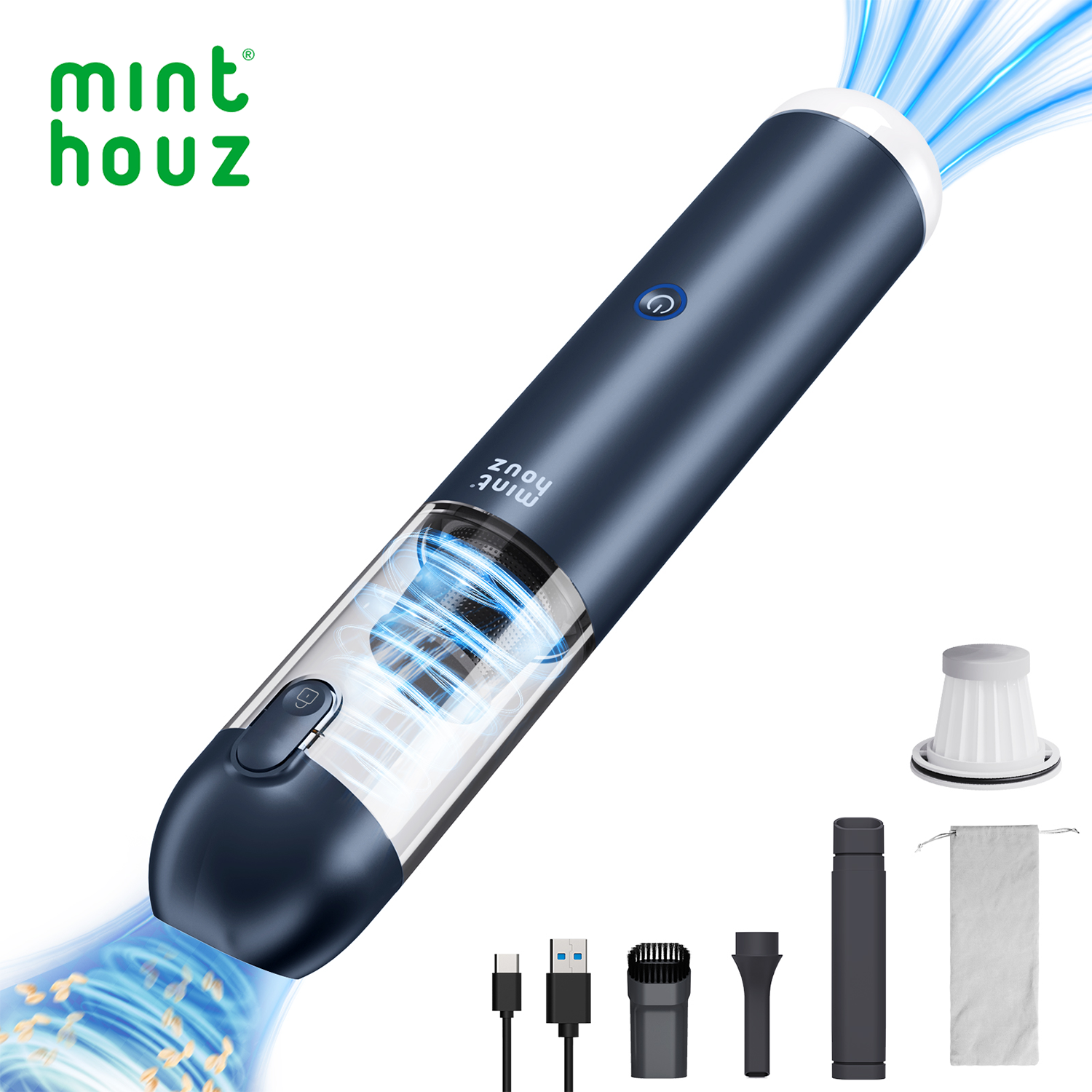  Minthouz cầm tay chân không 15000PA mạnh mẽ không dây máy hút bụi xe hơi 120W với quạt gió Loại C cáp và LED SOS ánh sáng Mini Máy hút bụi không dây cho nhà vật nuôi để bàn văn phòng bàn phím xe 