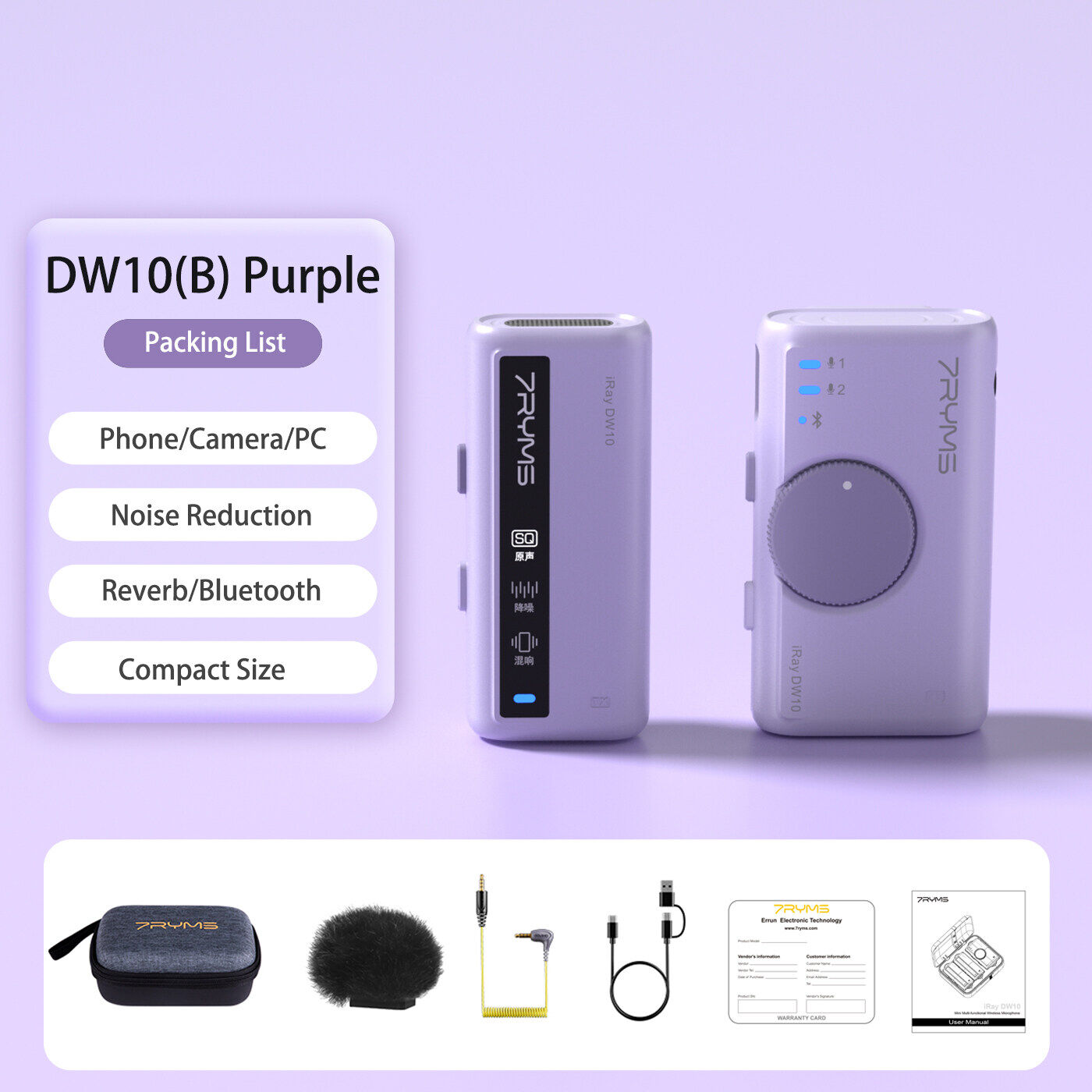 7RYMS iray dw10 mic-rô không dây · 48KHz/16bit được xây dựng trong Bluetooth 5.3 DSP Chip Card âm th