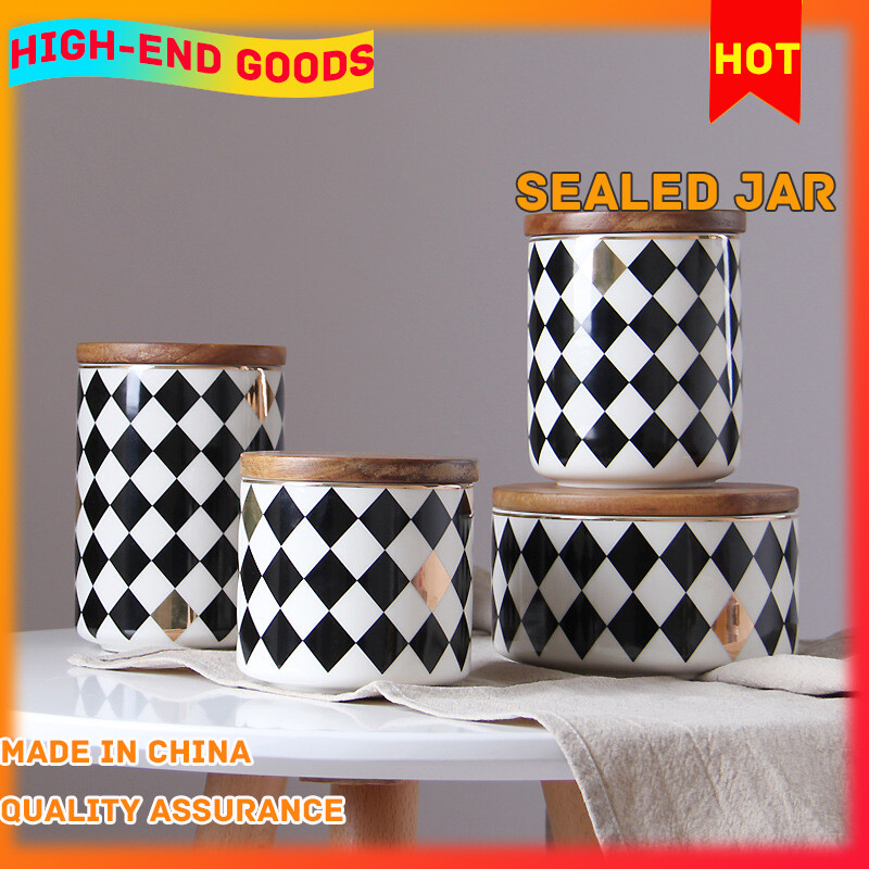 Gambar Household Ceramic Sealed Cans Creative Grain Storage Cans Kitchen Storage Boxes Cans Coffee Cans Wooden Lid Tea Bottles