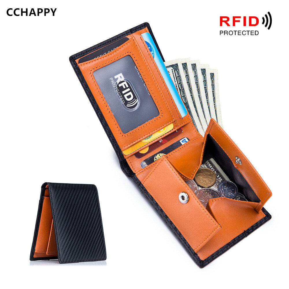 Cchappy ví nam ví da bò sợi carbon ví ngắn siêu mỏng rfid ví da thật
