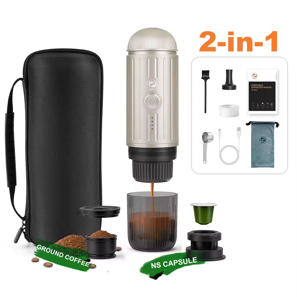 I cafilas me2218 Máy pha cà phê di động espresso Ý 2 trong 1 hoạt động tại 19 quầy bar và có chức năng sưởi ấm phù hợp viên nén Nespresso & bột cà phê