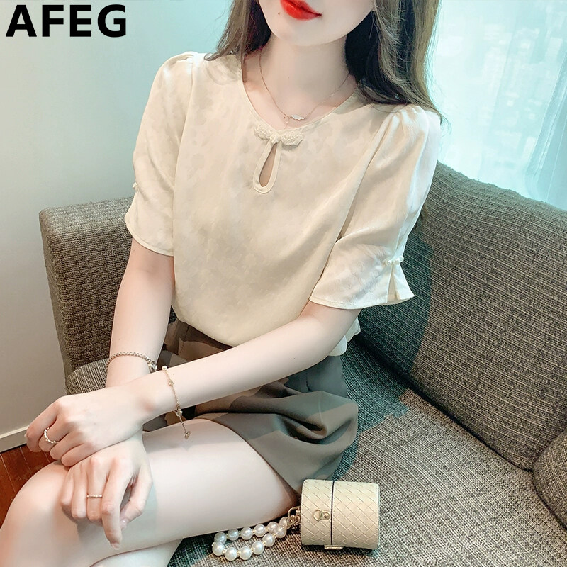 Afeg màu trơn phiên bản Hàn Quốc crewneck thời trang khí lỏng khóa đĩa chiffon ngắn tay áo cho phụ nữ