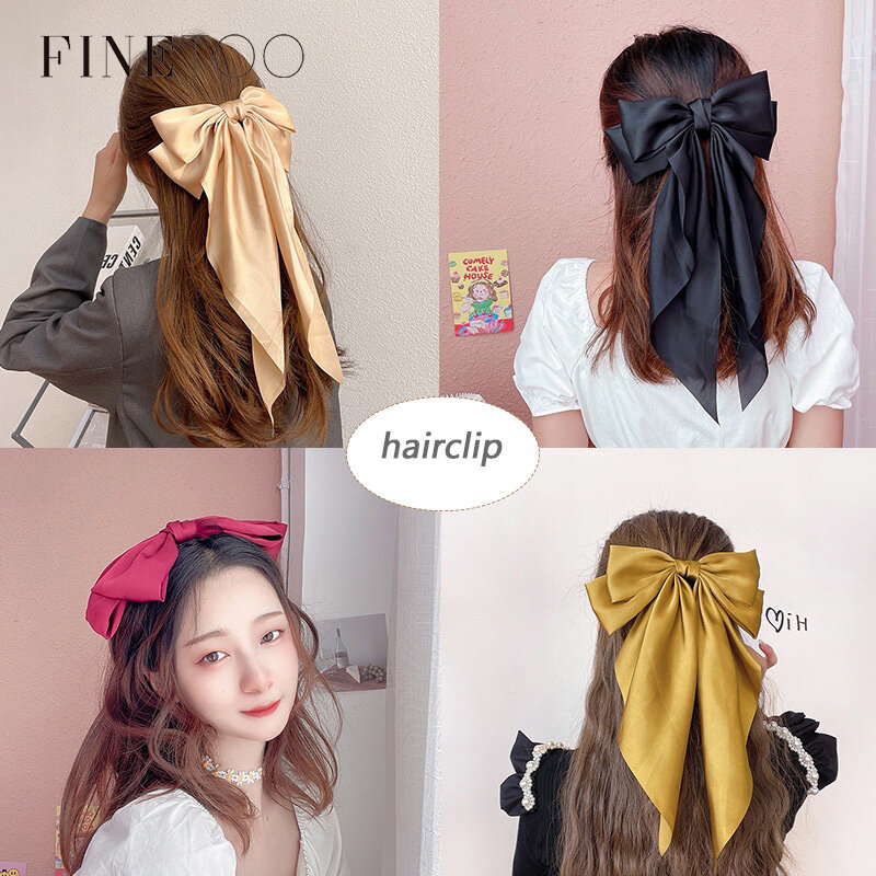 Finetoo kẹp tóc lụa màu trơn thanh lịch kẹp tóc nơ dài cho nữ phụ kiện tóc