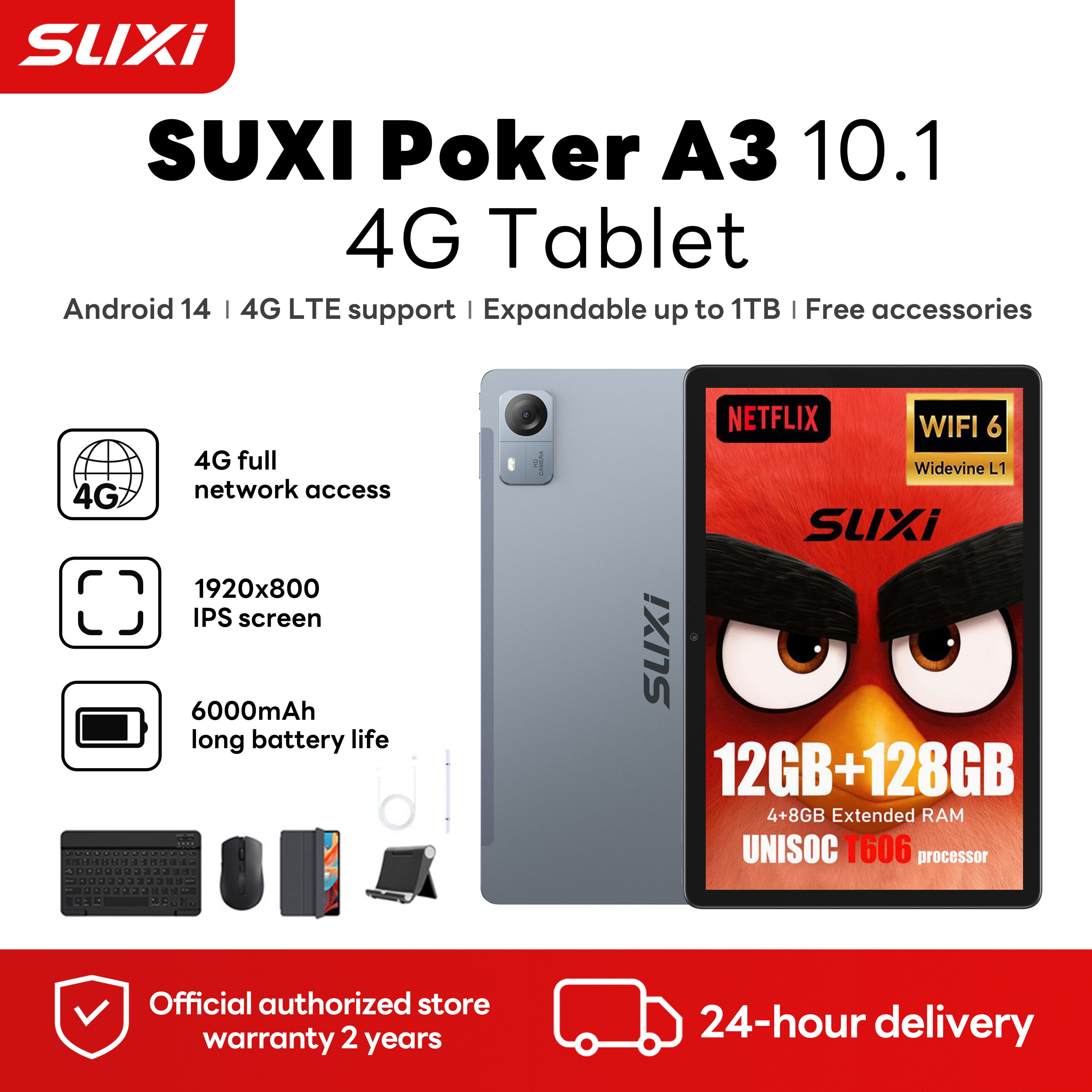 SUXI A3 Tablet for Students & Gaming - 10.1" Dual SIM Slot 4+128GB T606 Processor Speakers Android ราคา 3,599 บาท*ส่งฟรี
