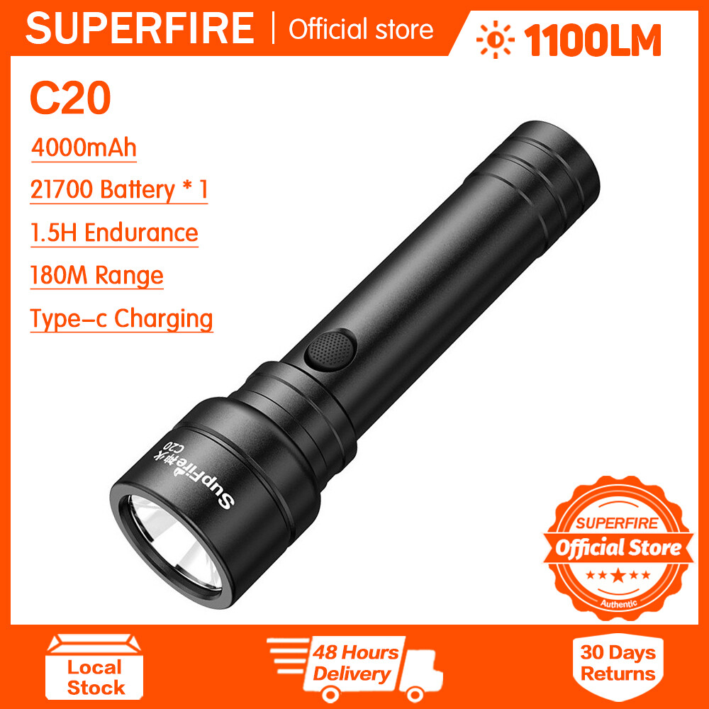 SUPERFIRE C20 Đèn pin siêu sáng Đèn pin di động có thể sạc lại Đèn pin không thấm nước Trang chủ Đi bộ ngoài trời Searchlight Hợp kim nhôm