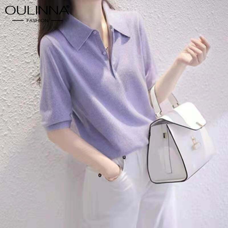 Oulinna áo nỉ vải viscose ngắn tay màu trắng tím khí chất cổ polo mùa hè mới 2022 cho nữ áo thun