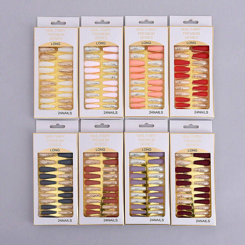 Gambar LemonBlue 24PCS Long Fake Nail Glitter Full Cover Fake Nail Tips Wearable Fairy Girls Decor with Jelly Gel for DIY Nail Salon