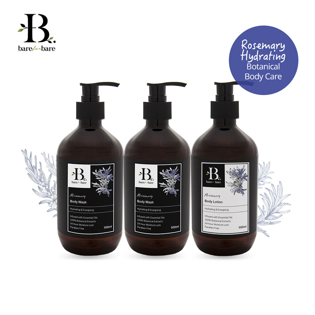 Gambar (3 x 500ml) Bare For Bare Rosemary Botanical Body Care Set   With Pure Essential Oil | Hydrating   Energizing