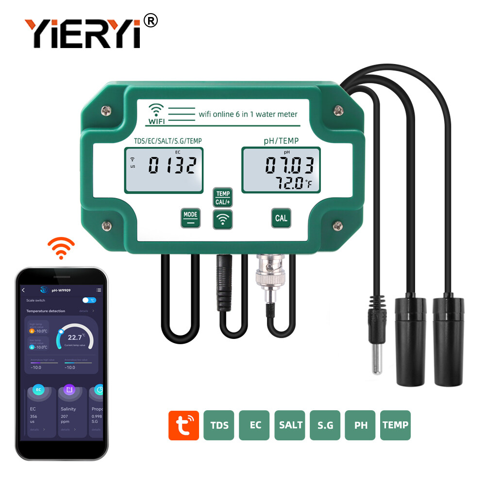 Yieryi đa chức năng Máy kiểm tra chất lượng nước wifi thông minh 6 trong 1 Ph/Ec/Tds/độ mặn/SG/Temp có thể được kết nối với ứng dụng tuya trên điện thoại di động để xem dữ liệu trong thời gian thực phù hợp cho hồ cá