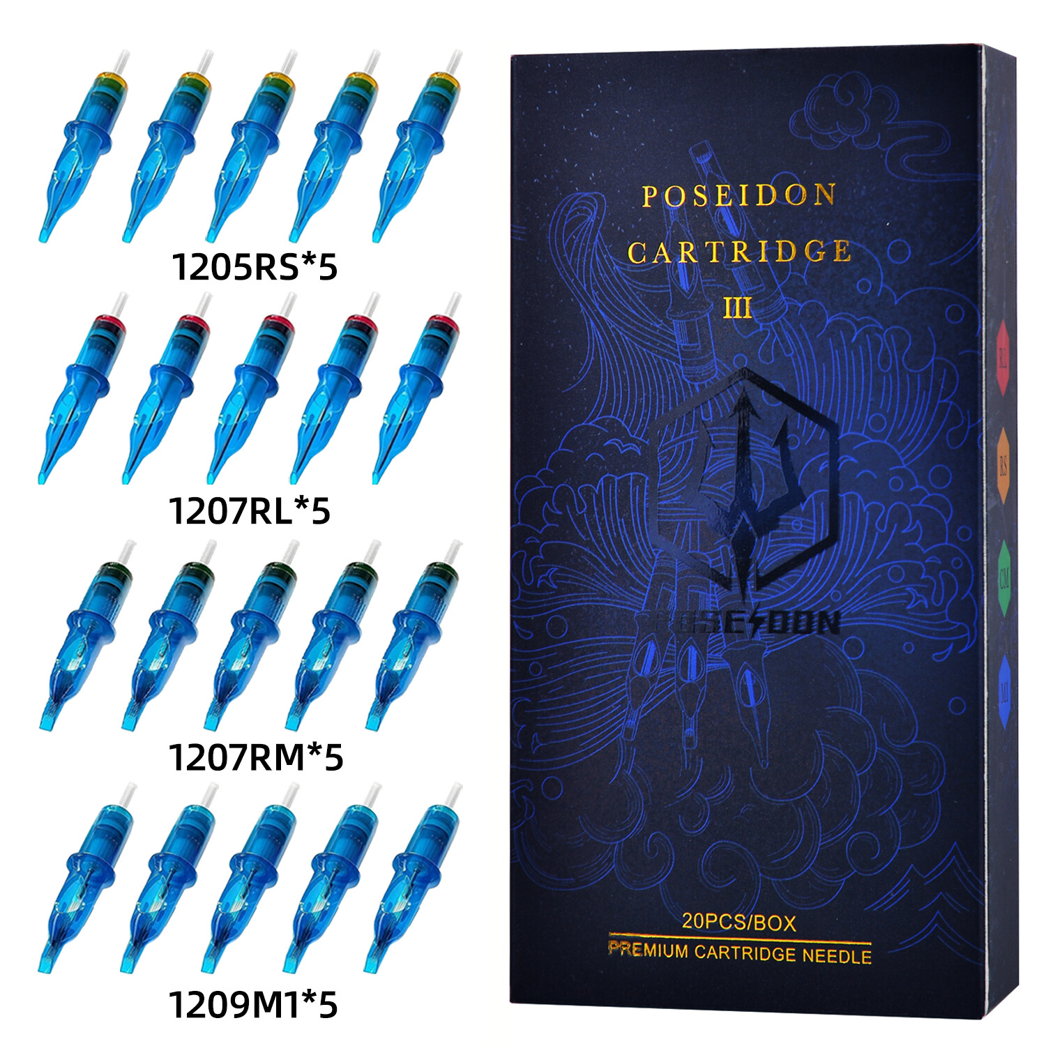  Poseidon kim xăm Cartridge 20 cái hộp kim xăm RS RM RL M1 Kích thước hỗn hợp hộp mực xăm kim xăm cho hình xăm bút máy loại máy xăm hình xăm kim xăm Bộ kim hình xăm bị bảo vệ cung cấp phụ kiện xăm hình 