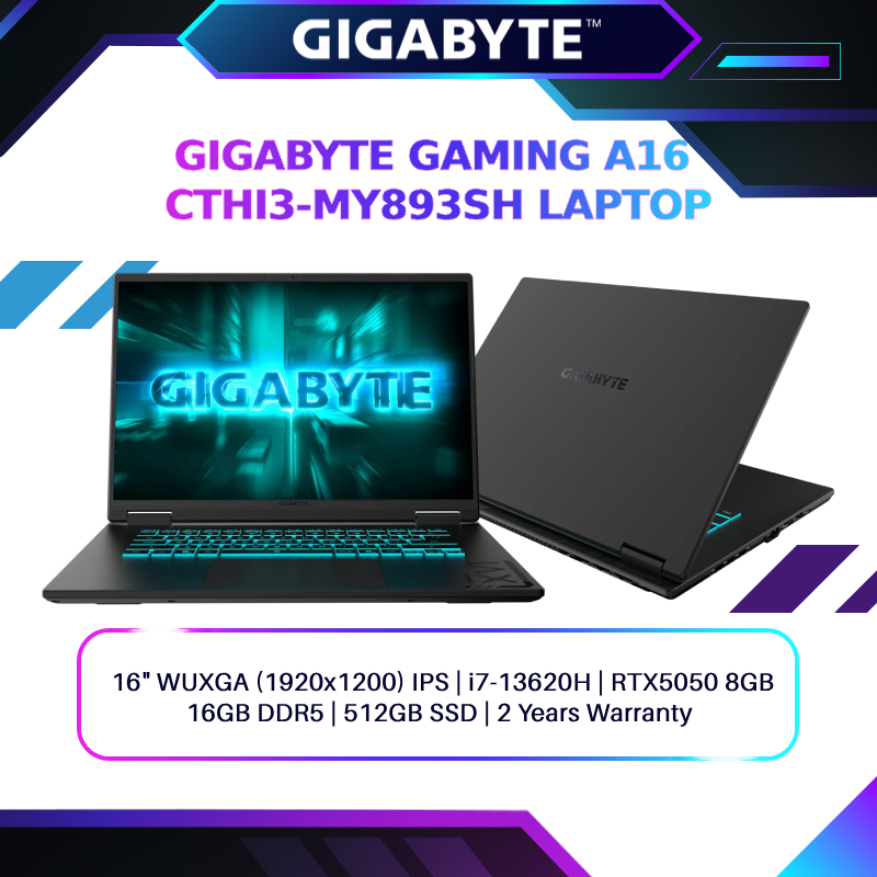 Gigabyte Gaming A16 CTHI3-MY893SH (i7-13620H/16GB/512GB SSD/16" WUXGA (1920x1200) IPS/RTX5050 8GB GDDR7/RGB KEYBOARD/ GiMATE /W11/BAG/2Y) Gaming Laptop