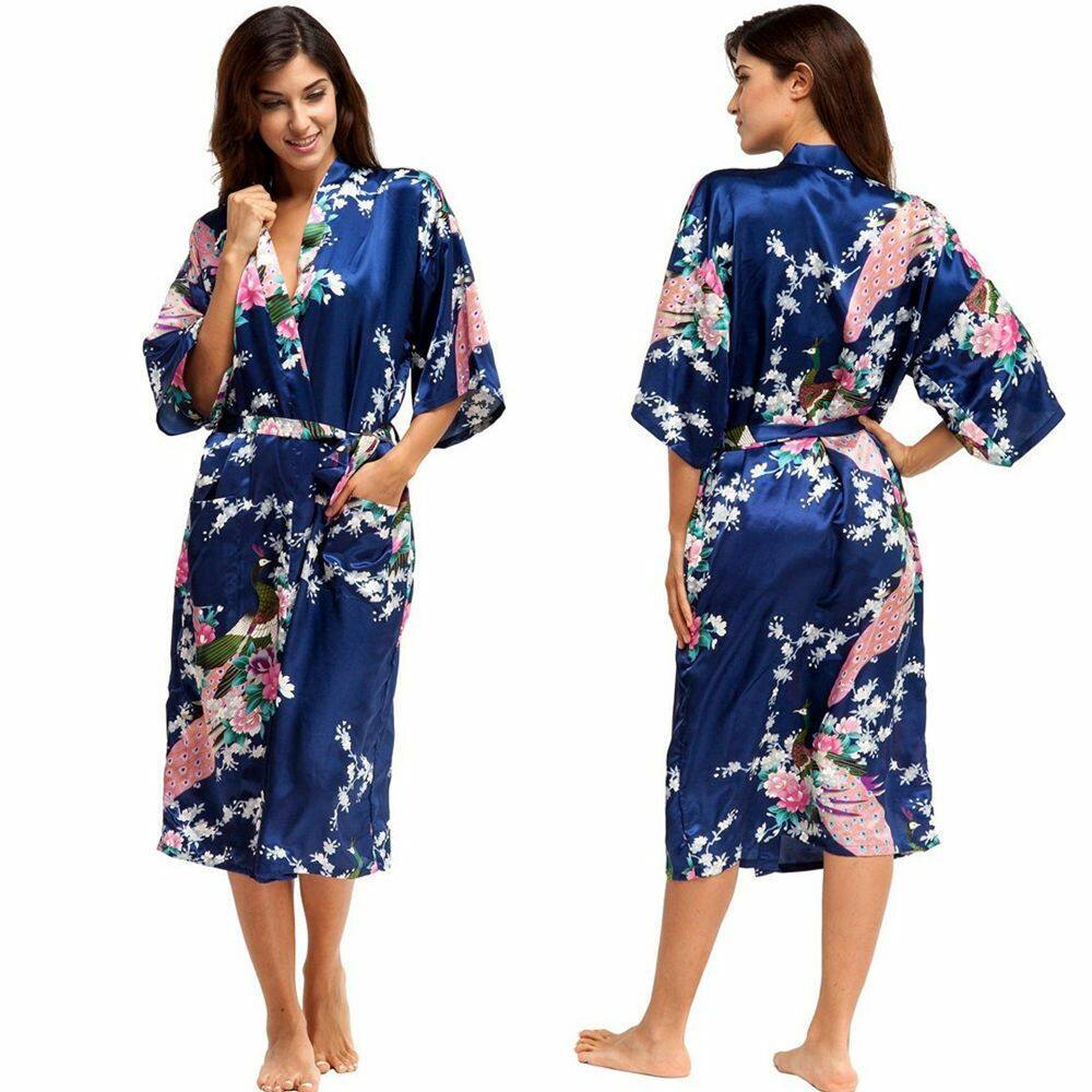 LILYandGIRL Áo Choàng Áo Choàng Áo Choàng Tắm Kimono Con Công Satin Đồ Ngủ Áo Choàng Ngủ Quần Áo Ngủ 4