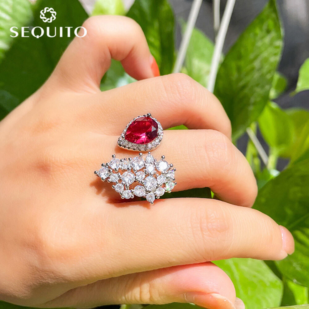 SEQUITO Precious White Gold Plated Inlaid Shiny AAA Cubic Zirconia with Red Waterdrop Stone Open Cuff Adjustable Ring Gorgeous Female Dinner Party Prom Finger Jewelry SR079 ราคา 291 บาท*ส่งฟรี