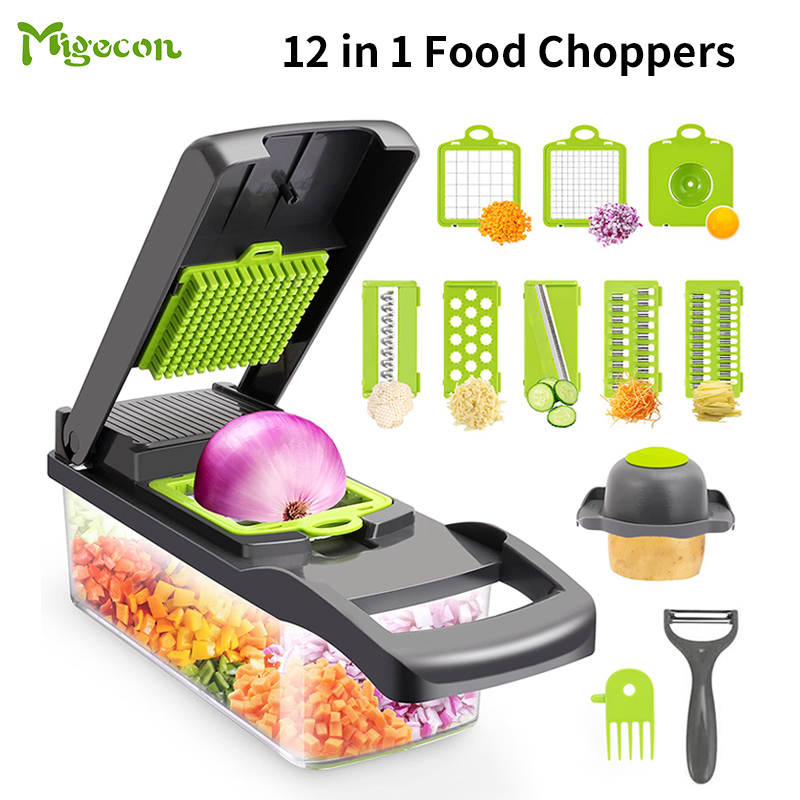 【Quality assurance】Migecon Vegetable Chopper Slicer Multifunctional 12 in 1 Food Choppers Onion Chopper Vegetable Slicer Cutter Dicer Veggie Chopper with 8 Blades, Colander Basket, Container for Salad Potato Carrot Garlic ราคา 233 บาท*ส่งฟรี