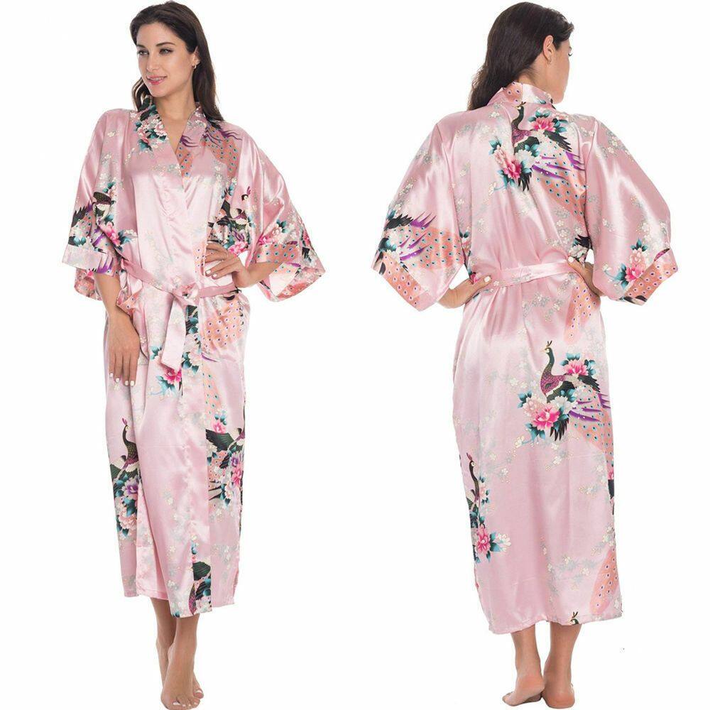 LILYandGIRL Áo Choàng Áo Choàng Áo Choàng Tắm Kimono Con Công Satin Đồ Ngủ Áo Choàng Ngủ Quần Áo Ngủ 1
