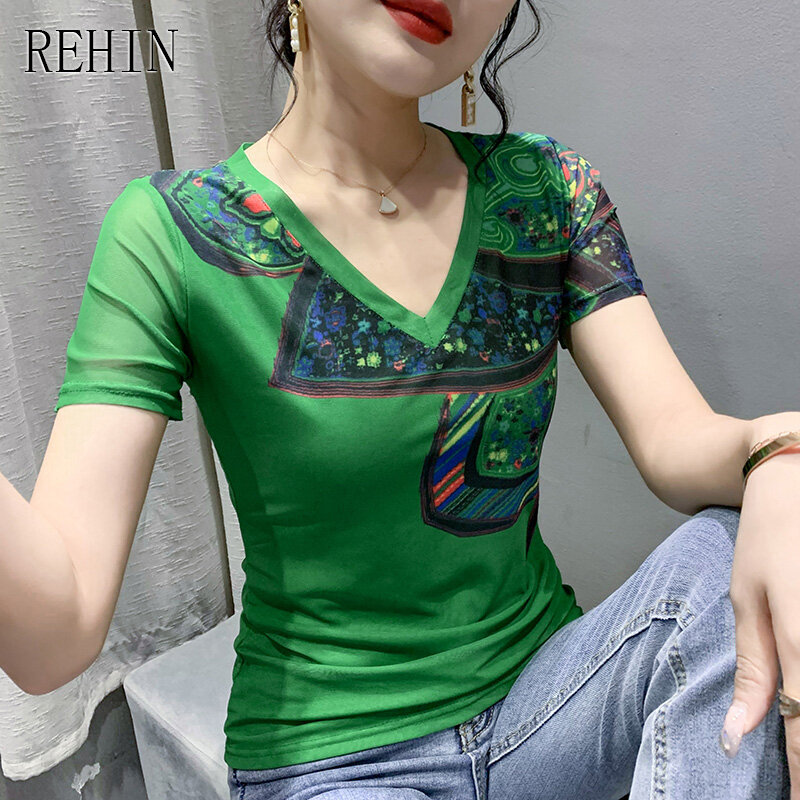 Rehin áo thun tay ngắn in hoa lưới thời trang mùa hè cho nữ áo cánh thanh lịch mỏng và mỏng cổ chữ v
