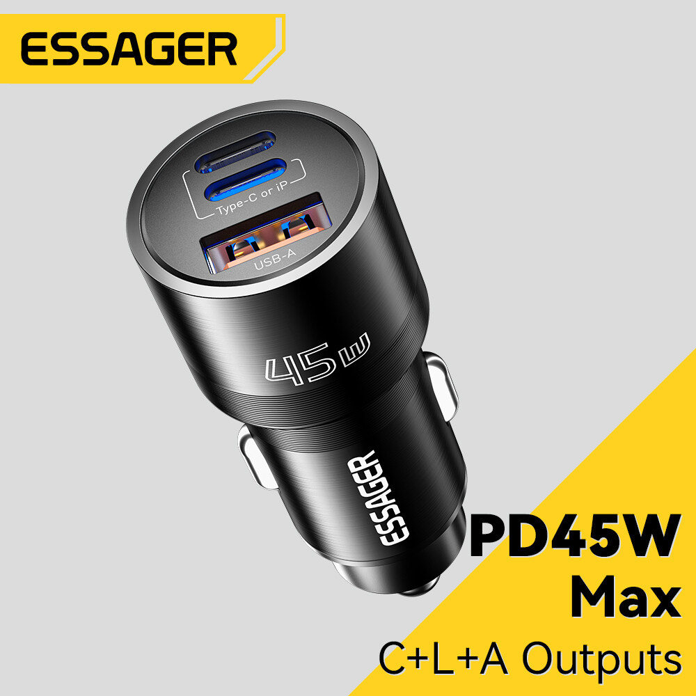Essager 45W thiết bị sạc xe hơi loại C + USB A + Lightning sạc nhanh xe sạc ba cổng thích hợp cho iP