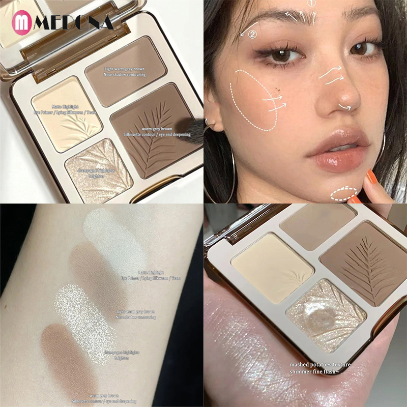 Bốn Màu Highlighter Bảng tạo khối Trang Điểm 3D Bronzer tạo khối mờ Powder Rose Blush Highgloss Palette Mỹ Phẩm