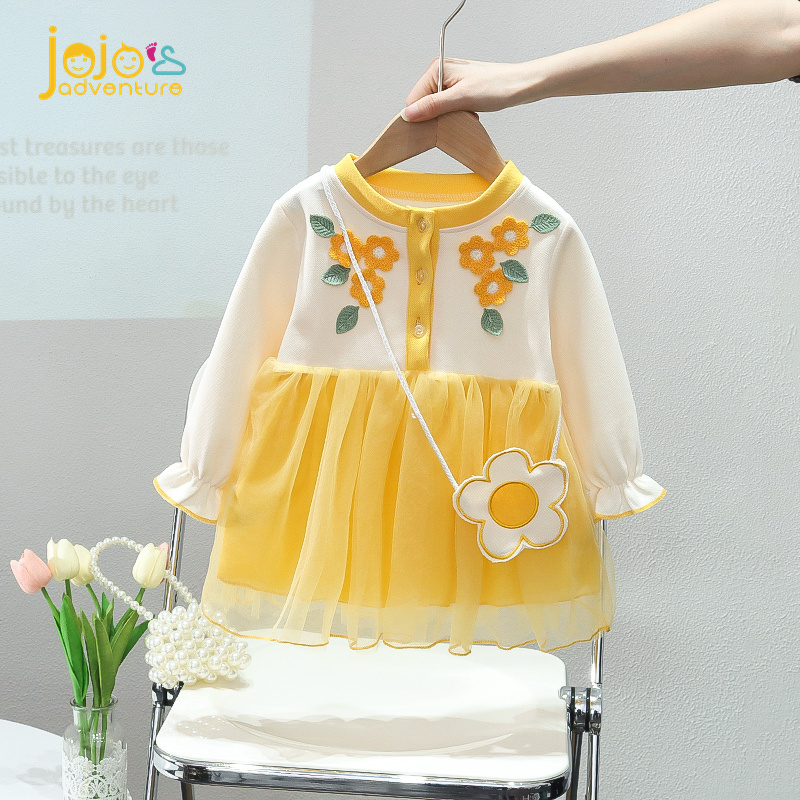 Jojo's adventure girls đầm mùa xuân new 2023 foreign air trẻ em một tuổi đầm trẻ em đầm công chúa mùa xuân và mùa thu váy 0-4 tuổi màu vàng