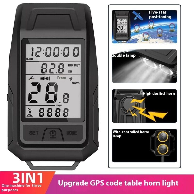 Xe đạp GPS ánh sáng Còi đồng hồ tốc độ 3-trong-1smart đi xe đạp máy tính MTB đường đèn pha không dây hệ thống cảnh báo xe đạp đèn đầu xe đèn pin