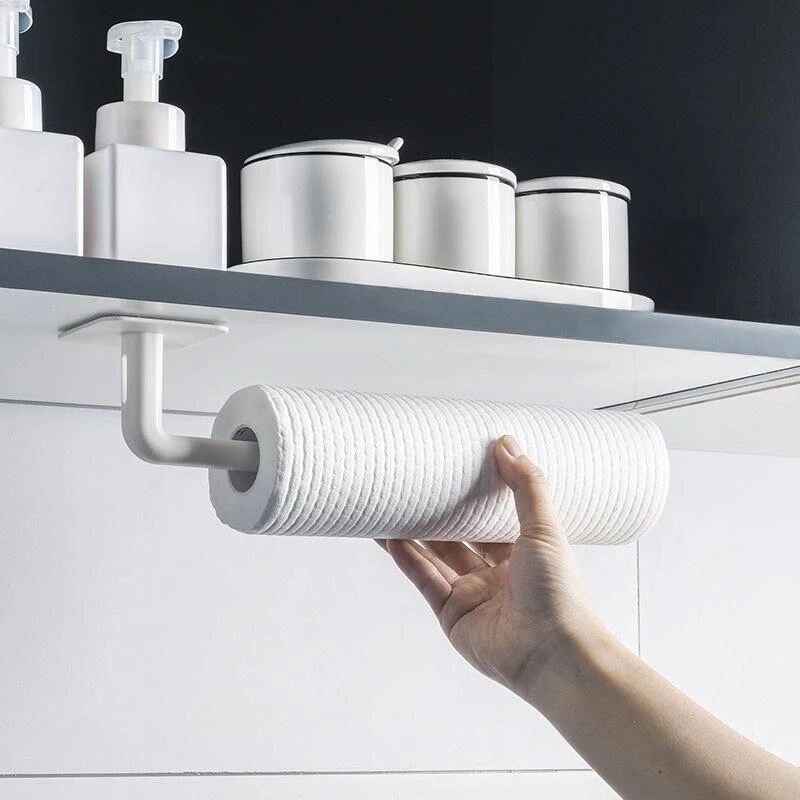 Gambar Kitchen Self adhesive Accessories Under Cabinet Paper Roll Rack Towel Holder Tissue Hanger Storage Rack 1pcs