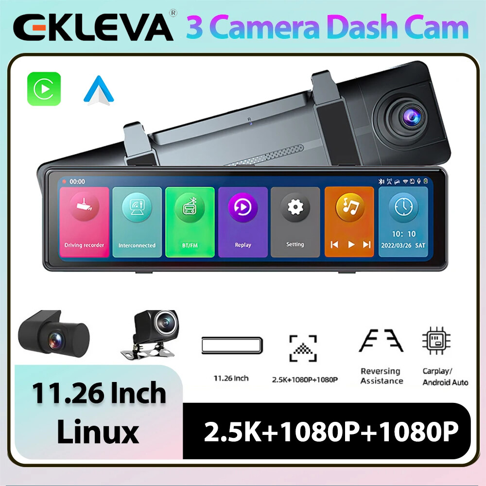  Ekleva 3 camera Dash Cam 4k gương chiếu hậu xe 11.26 inch Carplay & Android Video Tự động ghi âm nhìn trong đêm 24h Pak Navigation AUX 