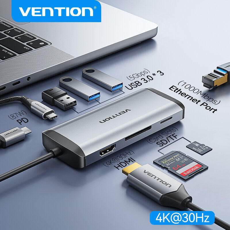 Vention 8 in 1 hub type C to HDMI RJ45 SD TF USB 3.0 Type C adapter hub for MacBook Nintendo Huawei HP Lenovo USB C hub