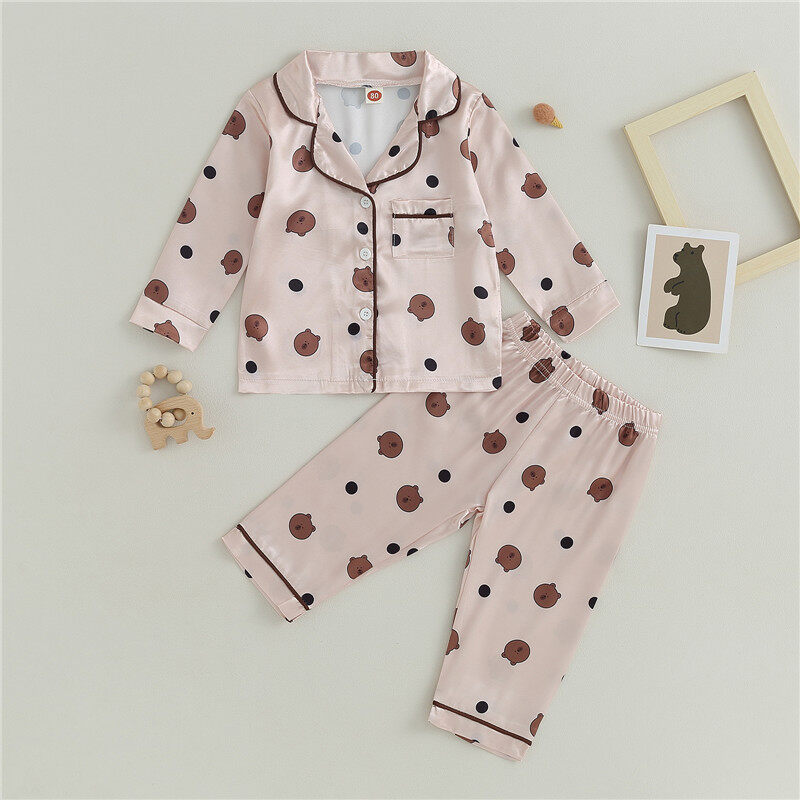 2 cái trẻ em cô gái cậu bé Bộ piajamas chất liệu satin in hình gấu dễ thương nút lên áo thun tay dài và quần co giãn loungewear đồ ngủ