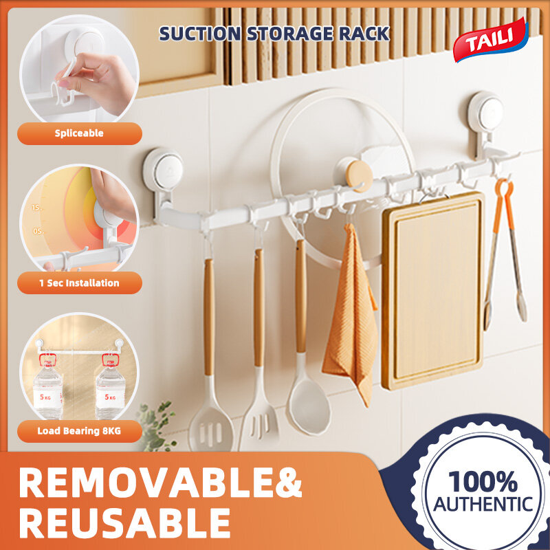 TAILI Suction Cup Bath Towel Bar with 8 Hooks, Drill-Free Towel Rack Wall Mounted Removable Heavy Duty Hand Towel Holder for Bathroom Hardware and Shower Kitchen Accessories Hanging Towel Bar ราคา 262 บาท*ส่งฟรี