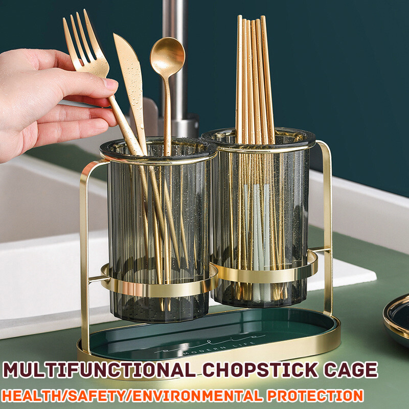 Gambar Chopsticks Rack European style Chopsticks Cage Household Chopsticks Tube Draining Water Quick drying Chopsticks Rack Double layer Chopsticks Cage Wrought Iron Chopsticks Tube