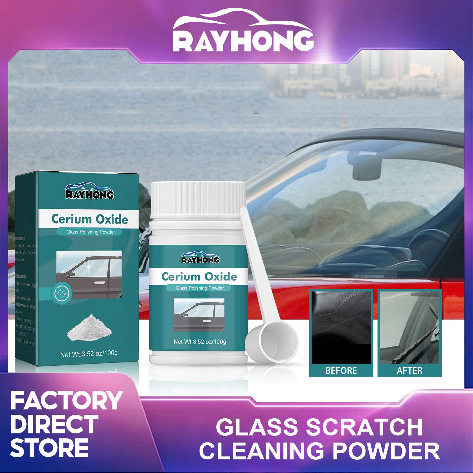 Rayhong 100g For Deep Scratch Remover for Windscreen Windows Glass Cleaning Scratch Removal Glass Polishing Kit Scratch Removal Set Polishing Powder For Repairing Windscreen Cleaning Scratch Removal Auto Tool Pad Durable Glass Polishing Powder Kit ราคา 157 บาท*ส่งฟรี