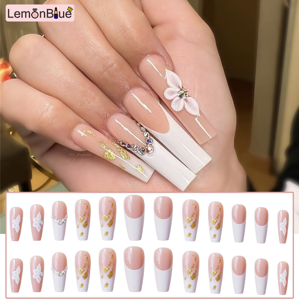 Gambar LemonBlue Gold Foil Petal False Nail French Long Press On Nails Elegant Fingernail Sticker Artificial Nails Jelly Gel Glue Type 24PCS Removable Save Time Manicure Salon DIY Art