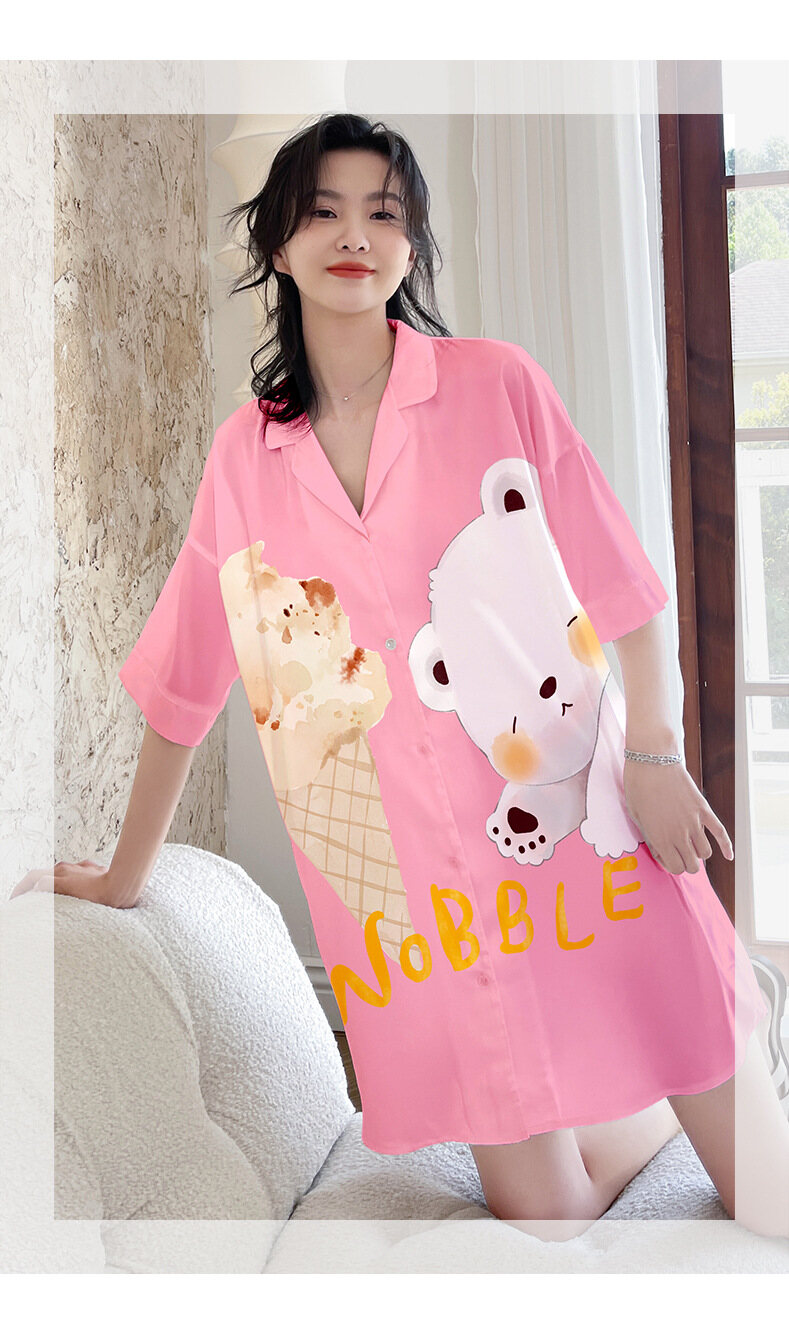 Váy ngủ nữ Cho Phụ Nữ, V-Cổ Cài Cúc Voan Phim Hoạt Hình Mùa Hè Mỏng Ngủ