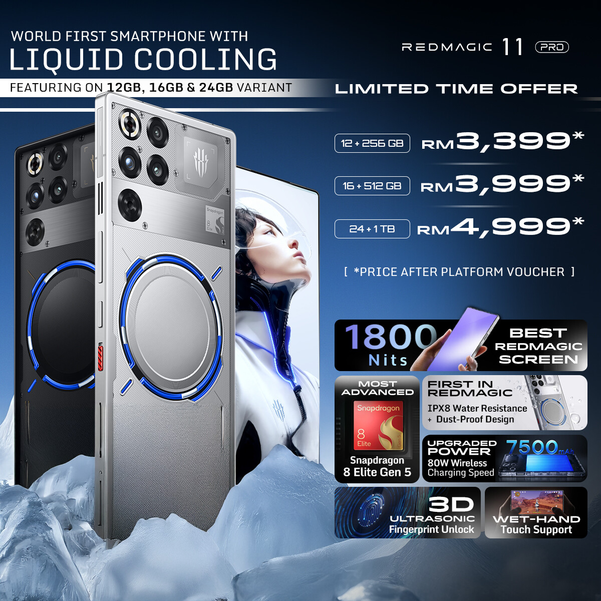 [New] REDMAGIC 11 Pro | World 1st Liquid Cooling Phone | Snapdragon Elite Gen 5 | Upgraded Touch Screen | Upgraded Battery & Wireless Charging | Water & Dust proof - Jenama Redmagic Harga 4,999 Ringgit*Penghantaran Percuma