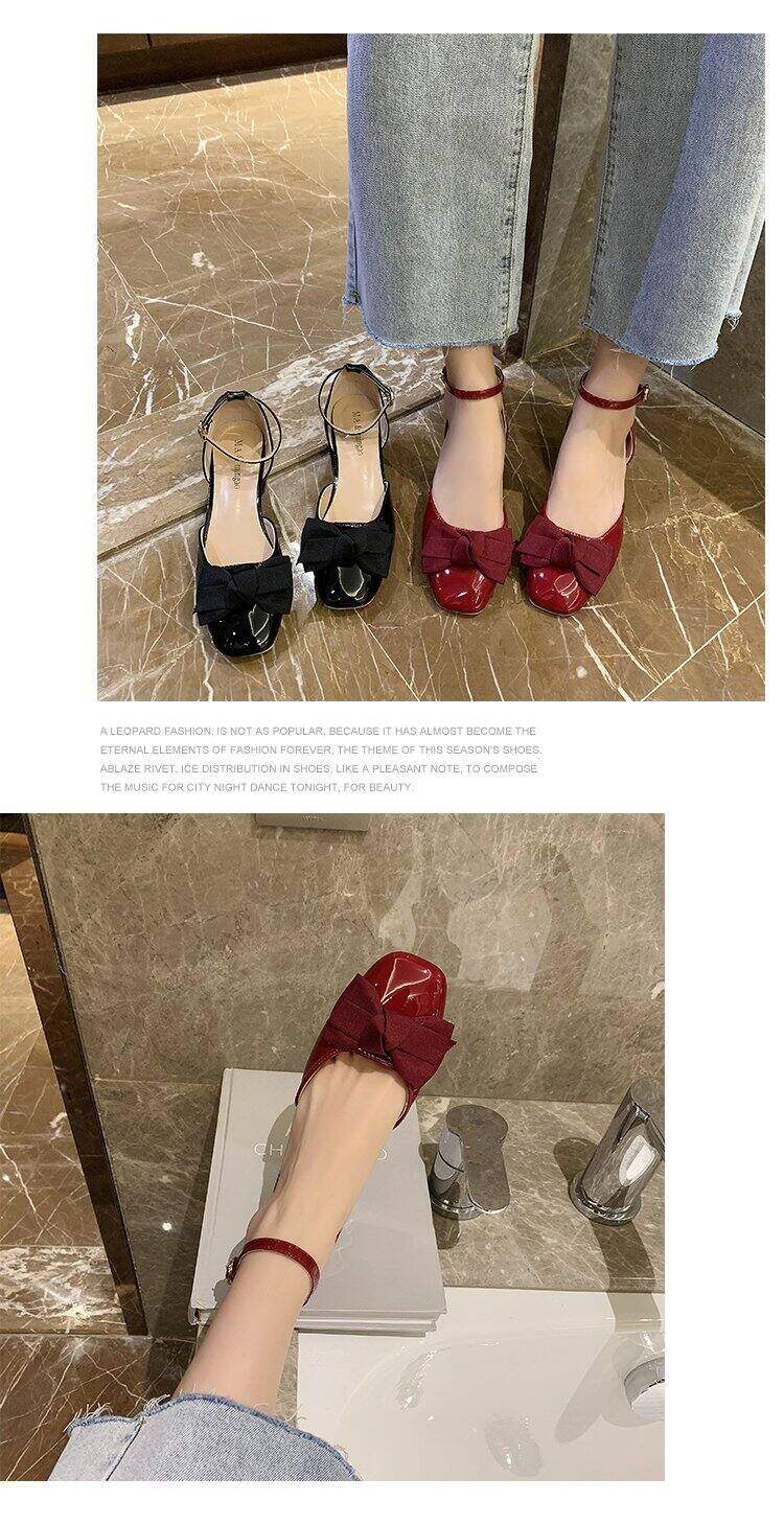 Giày Cao Gót Màu Đỏ Giày Một Lớp Gót Vuông Nơ Bướm Phong Cách Tiên Nữ Mẫu Mới Mùa Xuân 2022 Cho Nữ Giày Dự Tiệc Lễ Phục Không Mệt Chân 8