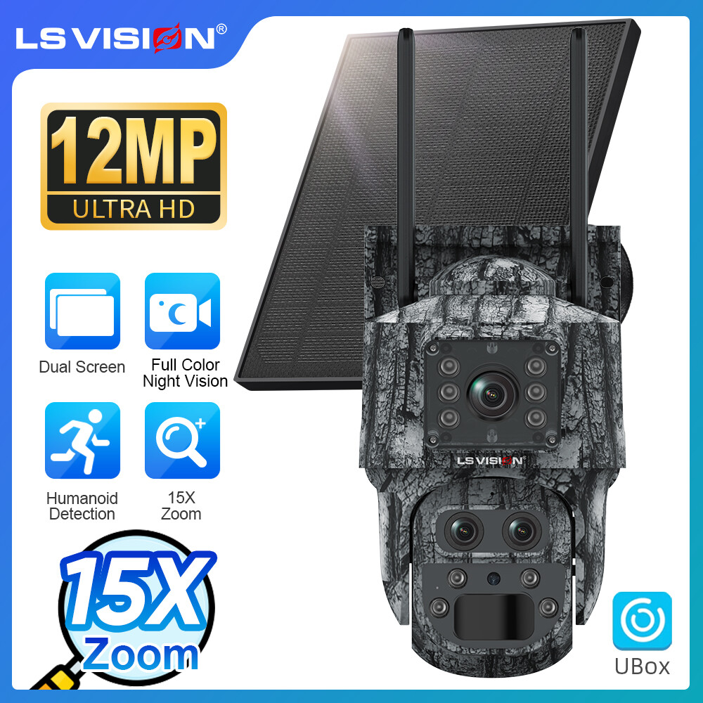 LS tầm nhìn 6K 12MP 3 ống kính 2 màn hình 4G/Wifi năng lượng mặt trời Camera CCTV 15x Zoom không dây chống nước ngoài trời cctv humanoid theo dõi PTZ máy quay IP an ninh cho sân vườn trang trại (ứng dụng: UBOX)