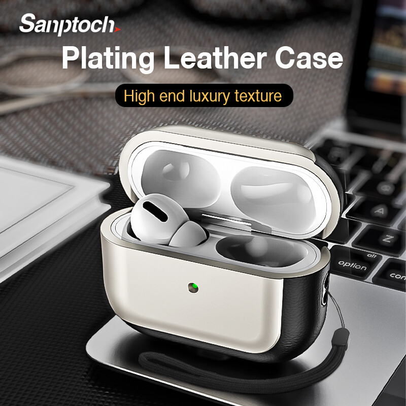 Sanptoch Luxury Plating Leather Airpods Case For Airpods Pro2 2023 / 2022 Protective Soft Casing For Airpods 3rd Military Shockproof Cover With Lanyard ราคา 141 บาท*ส่งฟรี
