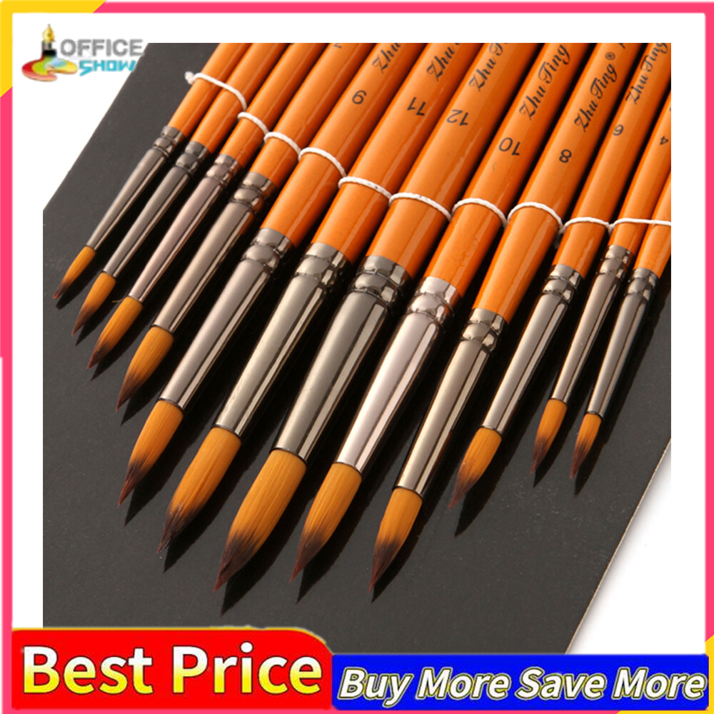 Bộ 12 cọ vẽ đầu nhọn tròn tay cầm bằng gỗ sợi ni lông tiện dụng vẽ tranh sơn dầu acrylic móng tay - INTL