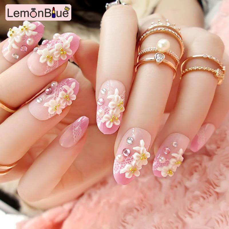 Gambar [RAYA SALE] LemonBlue 24 Pcs Set Full Nails Tips With Glue 3D Carved Flowers Shining Rhinestone Wedding Bride Fake Nail Art Decoration Tool