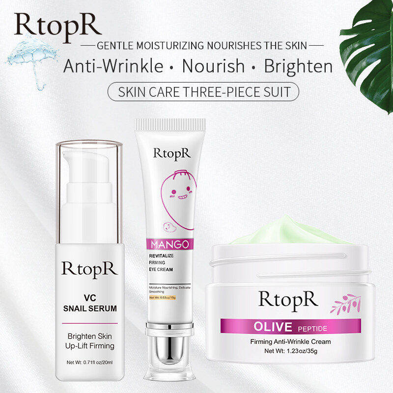 Gambar RtopR Facial Skin Care Set  Olive Peptide Firming Anti Wrinkle Cream Reduce Face Fine Lines +Mango Anti Winkles Eye Cream Moisturizing Dark Circle  +Vitamin C Serum Snail Brightening Fade Dark Spot Lightening Serum Brightening