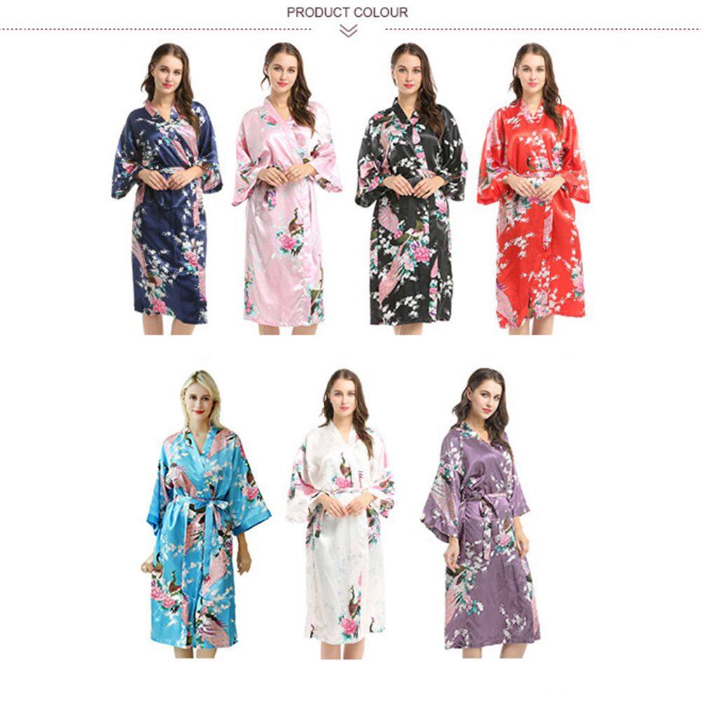 LILYandGIRL Áo Choàng Áo Choàng Áo Choàng Tắm Kimono Con Công Satin Đồ Ngủ Áo Choàng Ngủ Quần Áo Ngủ 12