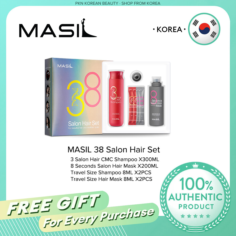 Masil 38 salon hair gift set, 3 salon hair cmc shampoo x300ml, 8 seconds salon hair mask x200ml, anti-frizz, damaged & split hair ends, oil control scalp hair conditioner